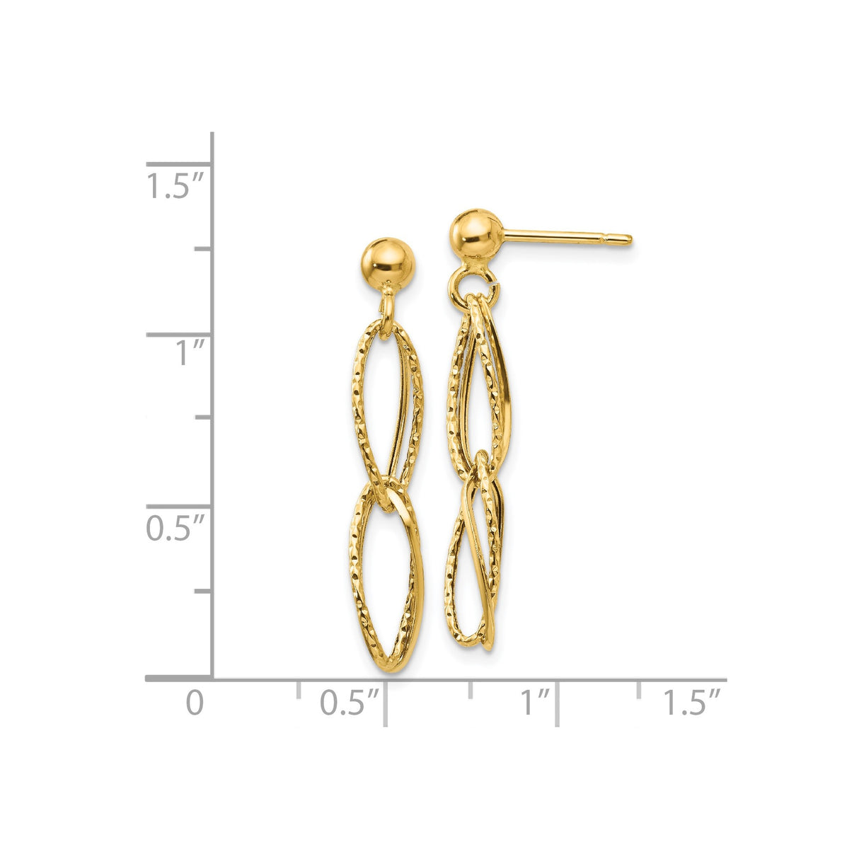 14k Yellow Gold Dangle Earrings with Elongated Textured Oval Links, Layered Drop Design
