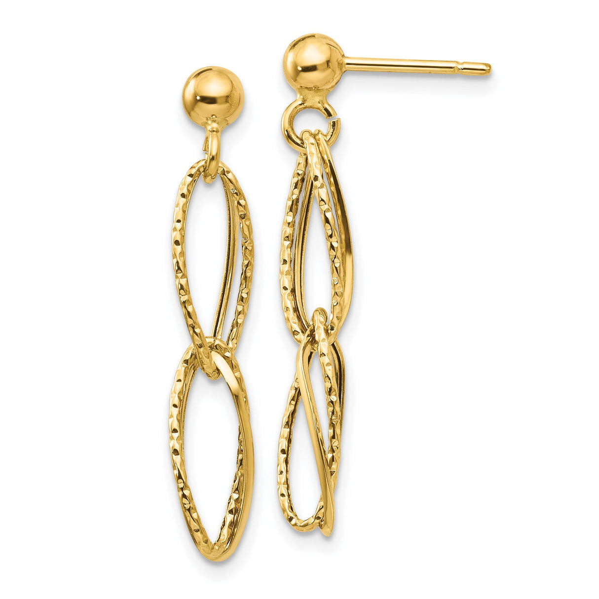 14k Yellow Gold Dangle Earrings with Elongated Textured Oval Links, Layered Drop Design