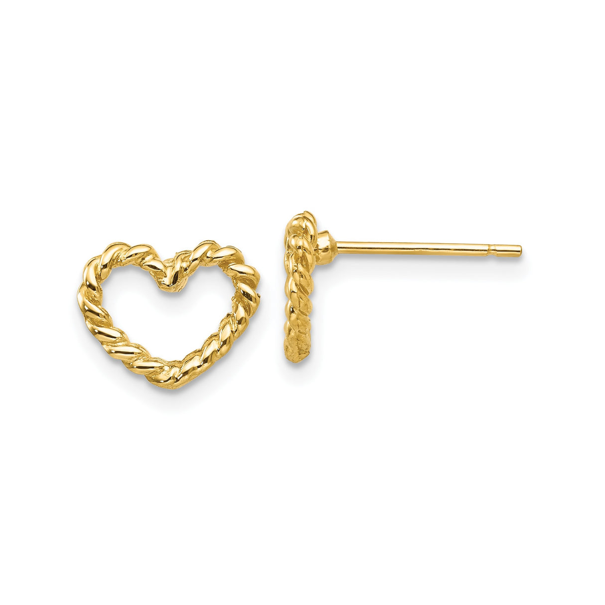 14k Yellow Gold Heart Shaped Stud Earrings with Twisted Rope Design