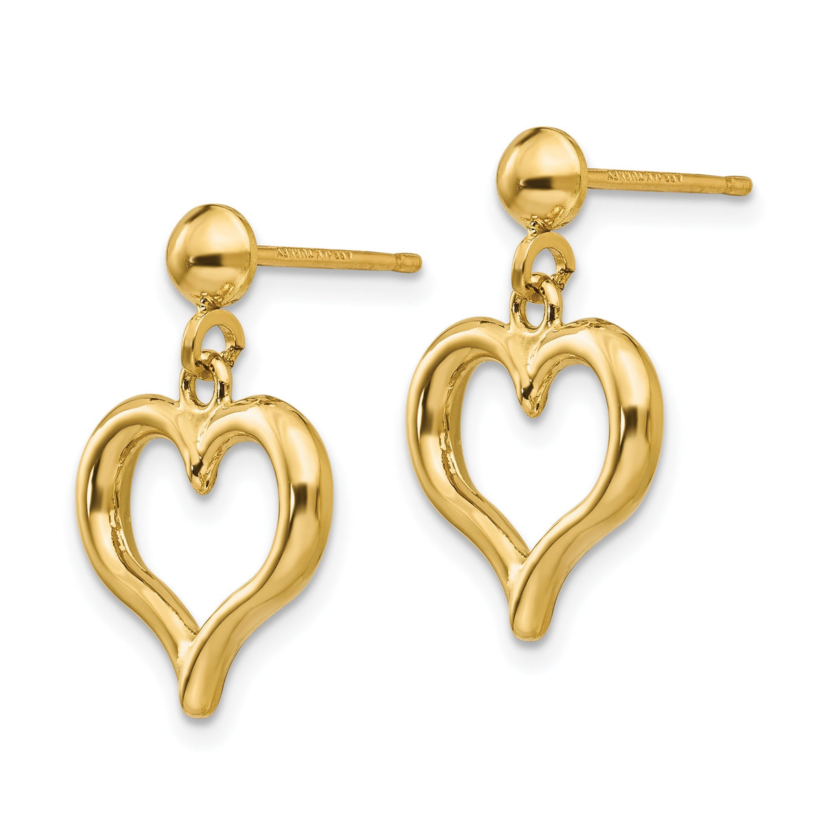 14k Yellow Gold Heart Dangle Earrings, Polished Open Drop Design for Women