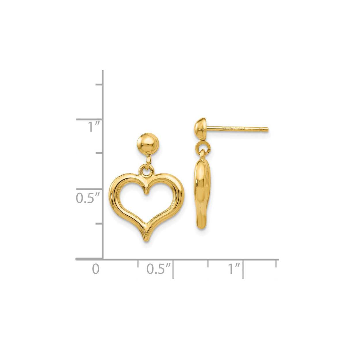 14k Yellow Gold Heart Dangle Earrings, Polished Open Drop Design for Women