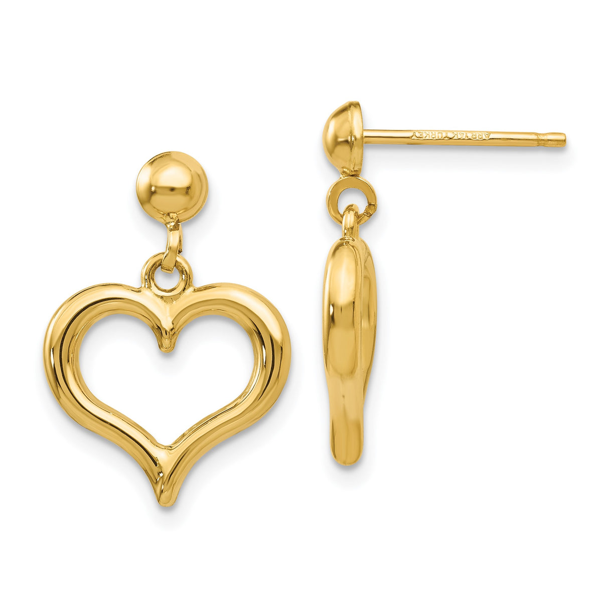 14k Yellow Gold Heart Dangle Earrings, Polished Open Drop Design for Women