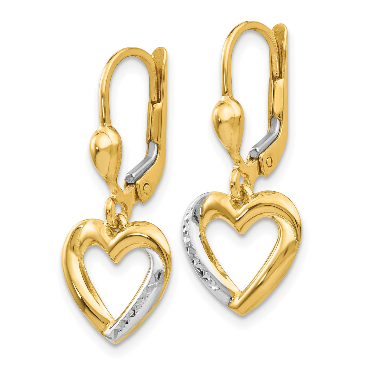 14k Yellow Gold Dangle Earrings with Open Heart Design and Two Tone Rhodium Finish