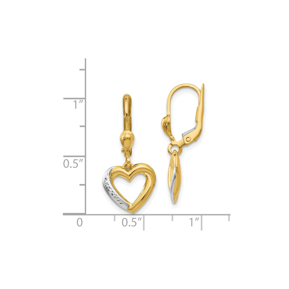 14k Yellow Gold Dangle Earrings with Open Heart Design and Two Tone Rhodium Finish