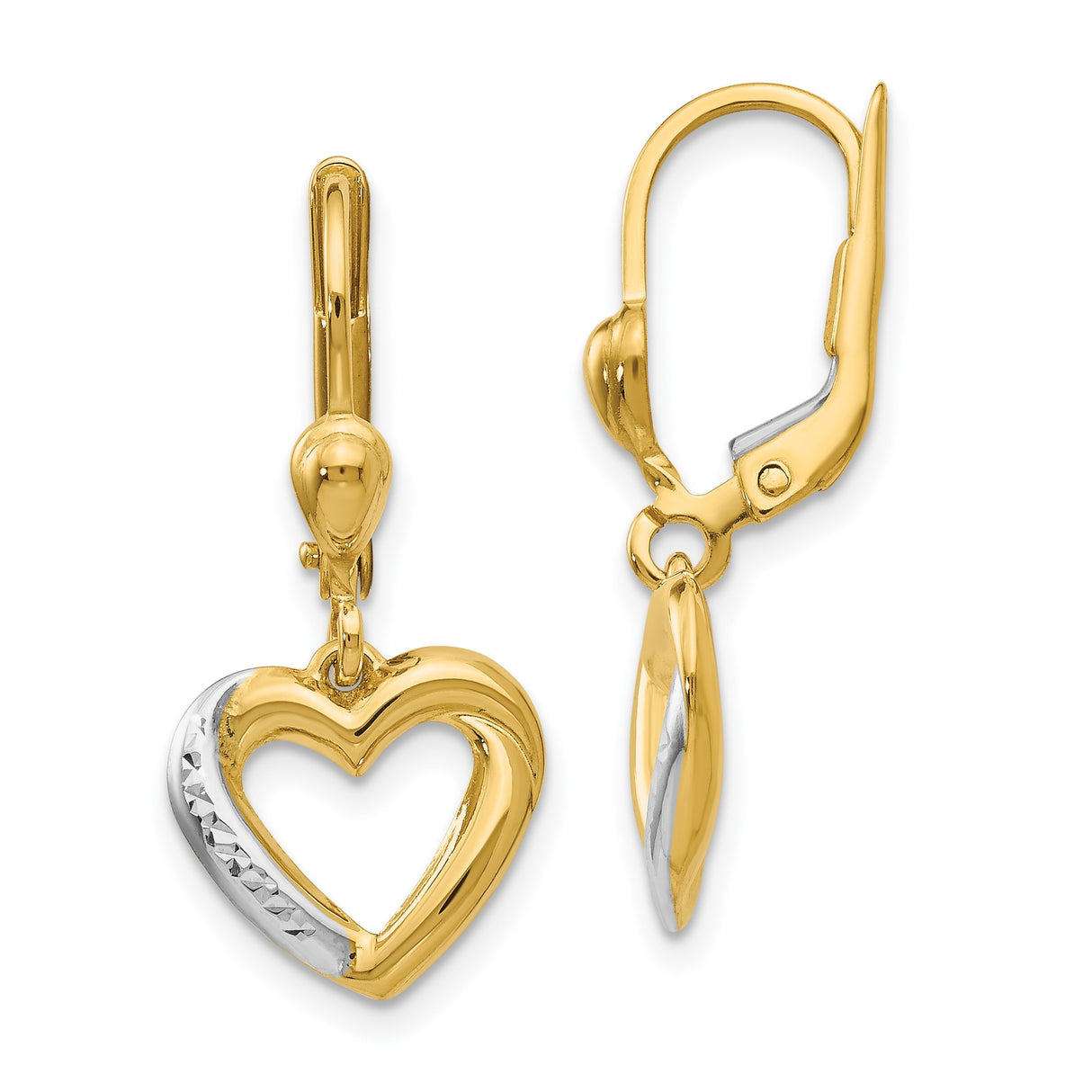 14k Yellow Gold Dangle Earrings with Open Heart Design and Two Tone Rhodium Finish