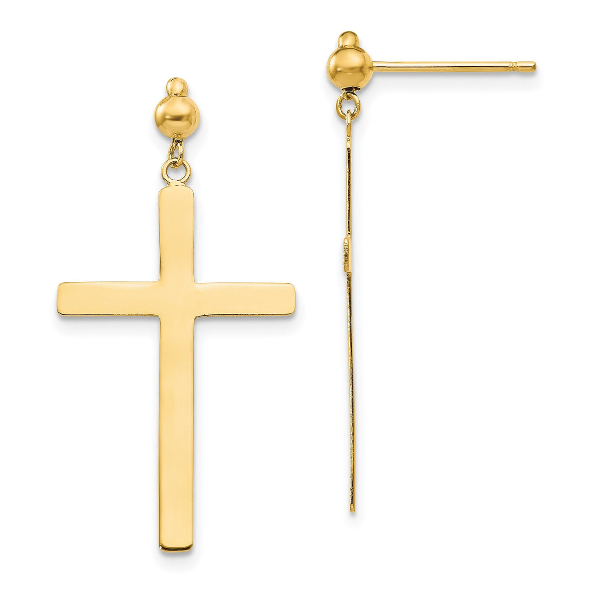 14k Yellow Gold Cross Pendant Earrings, Sleek Minimalist Religious Design, Unisex Spiritual Jewelry