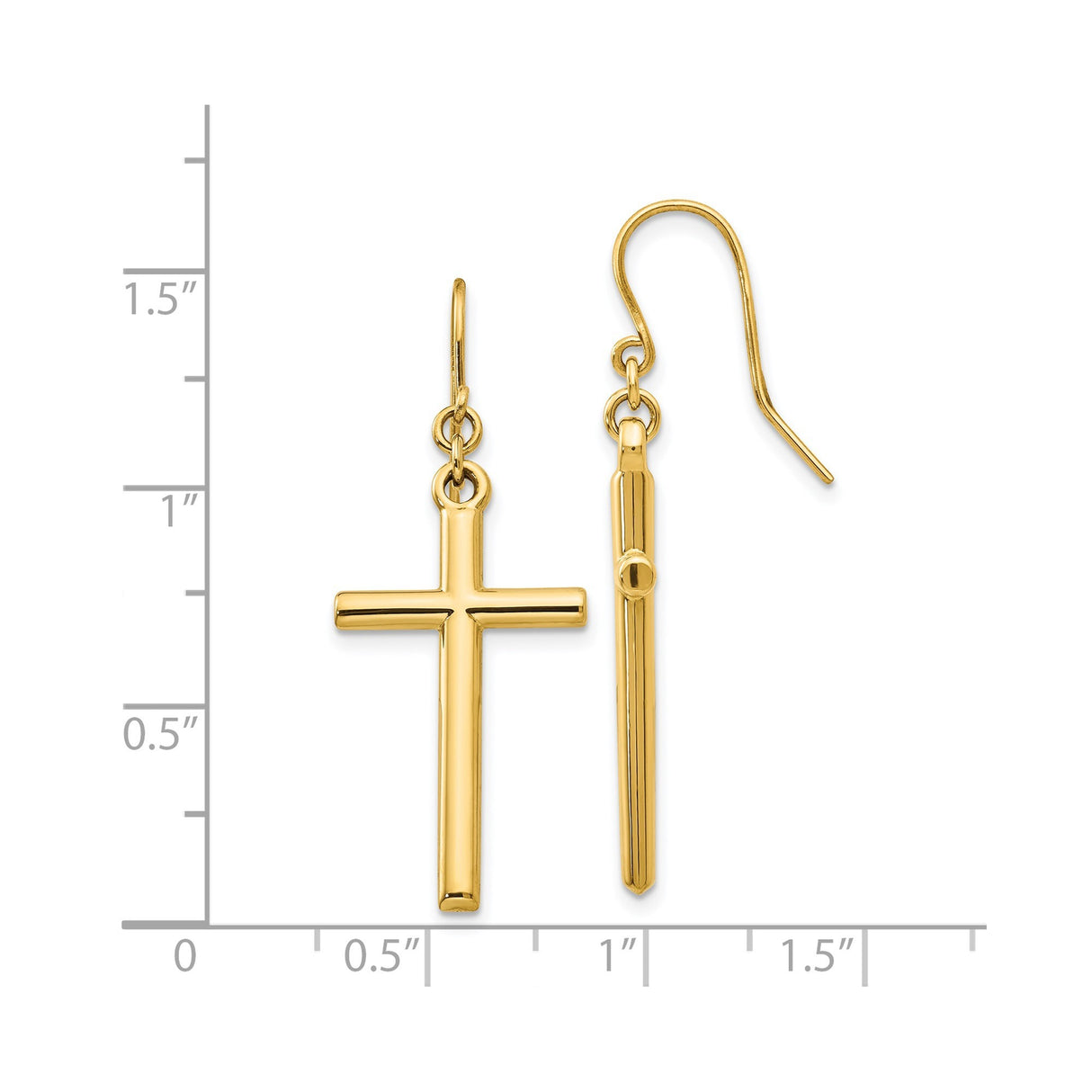 14k Yellow Gold Cross Dangle Earrings with Shepherd Hook, Minimalist Faith Design for Men and Women