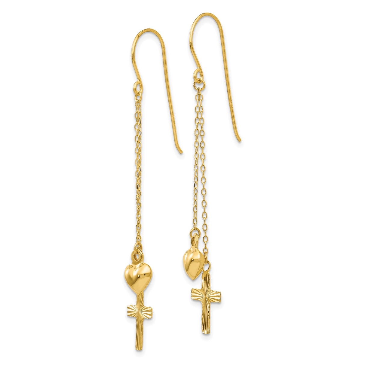 14k Yellow Gold Dangle Earrings with Puffed Heart and Cross Charms for Women