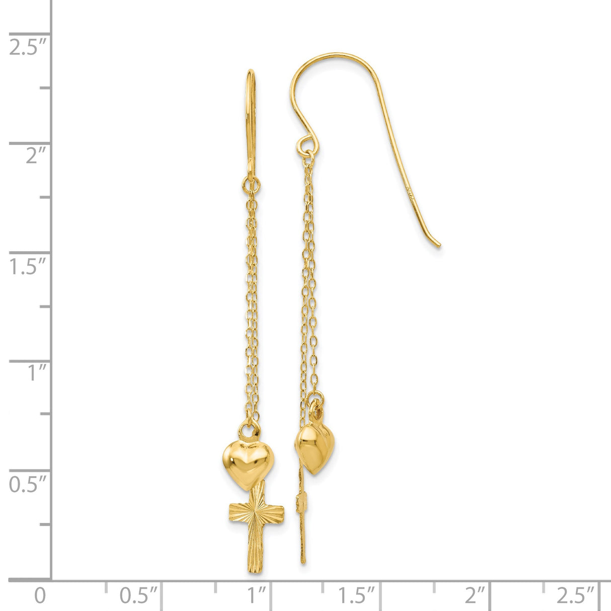 14k Yellow Gold Dangle Earrings with Puffed Heart and Cross Charms for Women