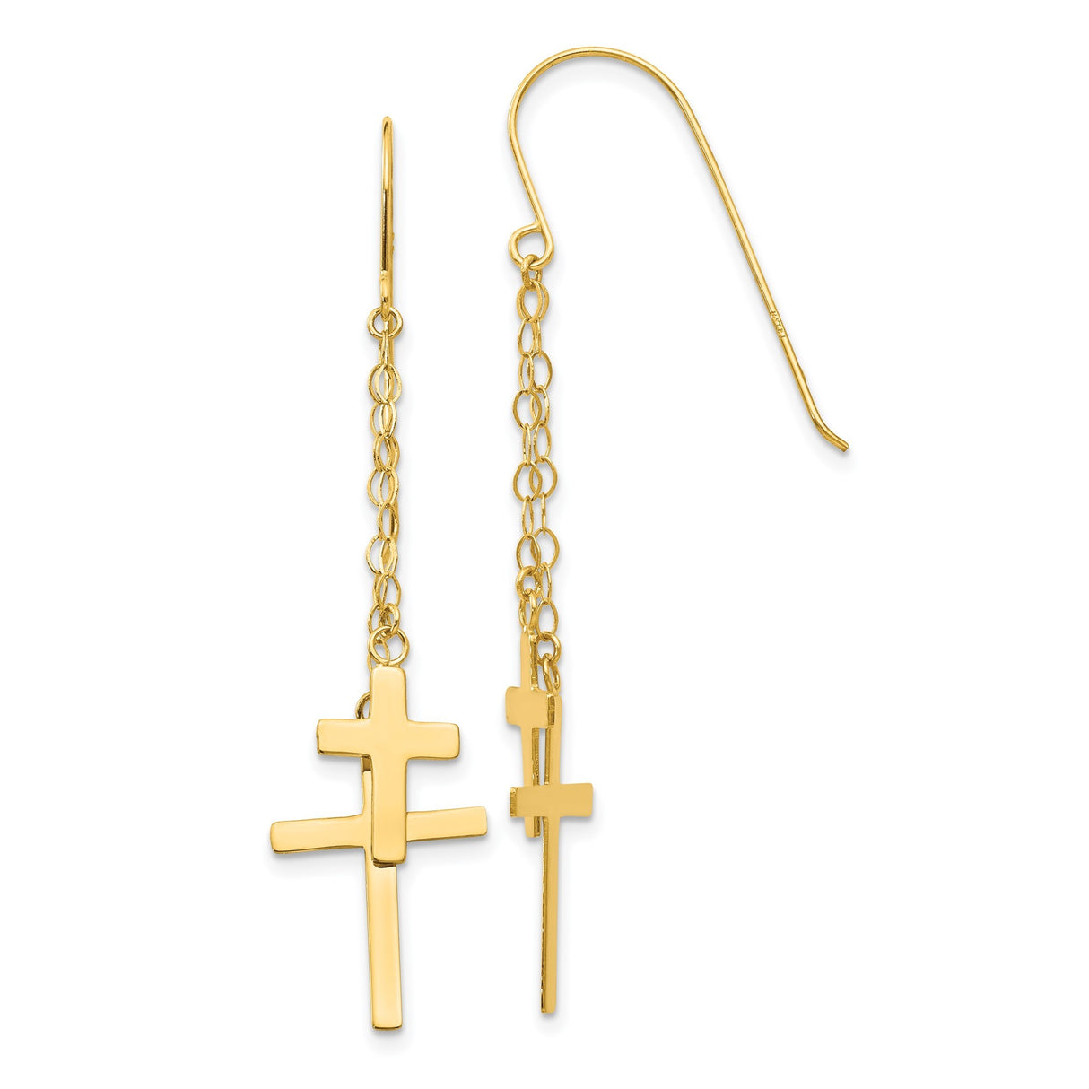 14k Yellow Gold Cross Dangle Earrings with Fine Chain Drop, Minimalist Faith Jewelry