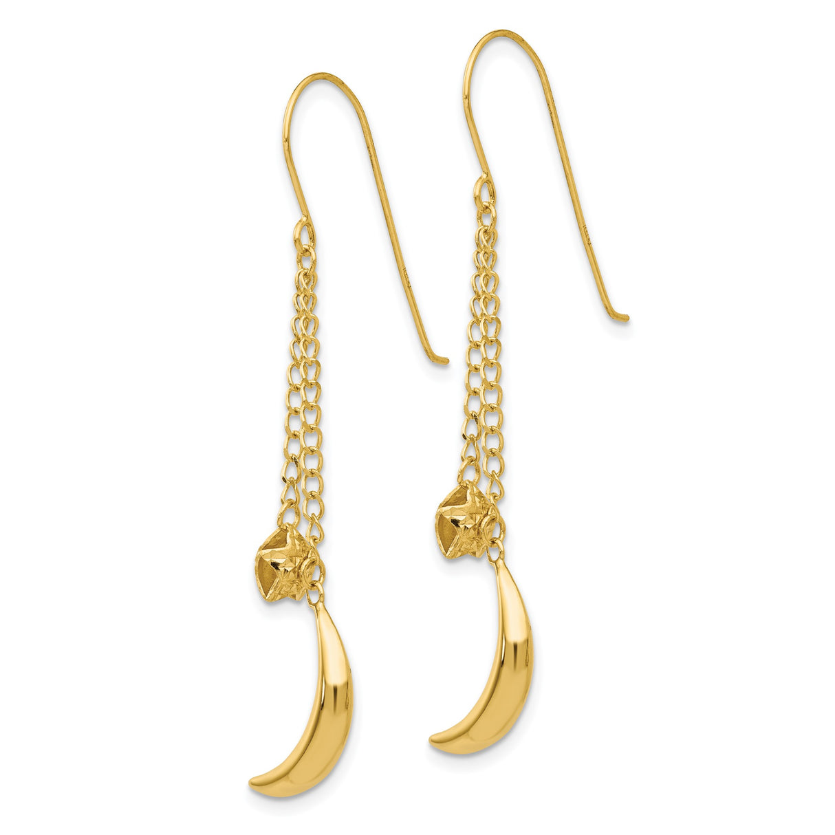 14k Yellow Gold Dangle Earrings with Teardrop and Crescent Moon Charms, Double Chain Boho Style