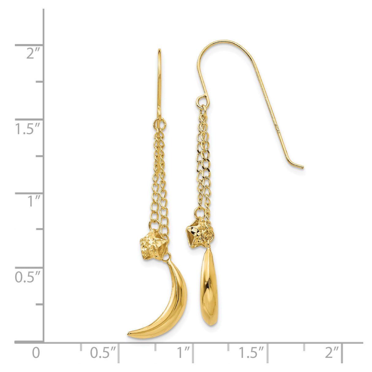 14k Yellow Gold Dangle Earrings with Teardrop and Crescent Moon Charms, Double Chain Boho Style