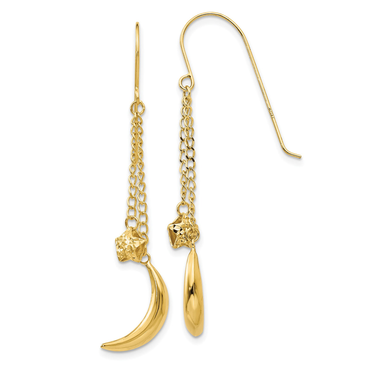 14k Yellow Gold Dangle Earrings with Teardrop and Crescent Moon Charms, Double Chain Boho Style