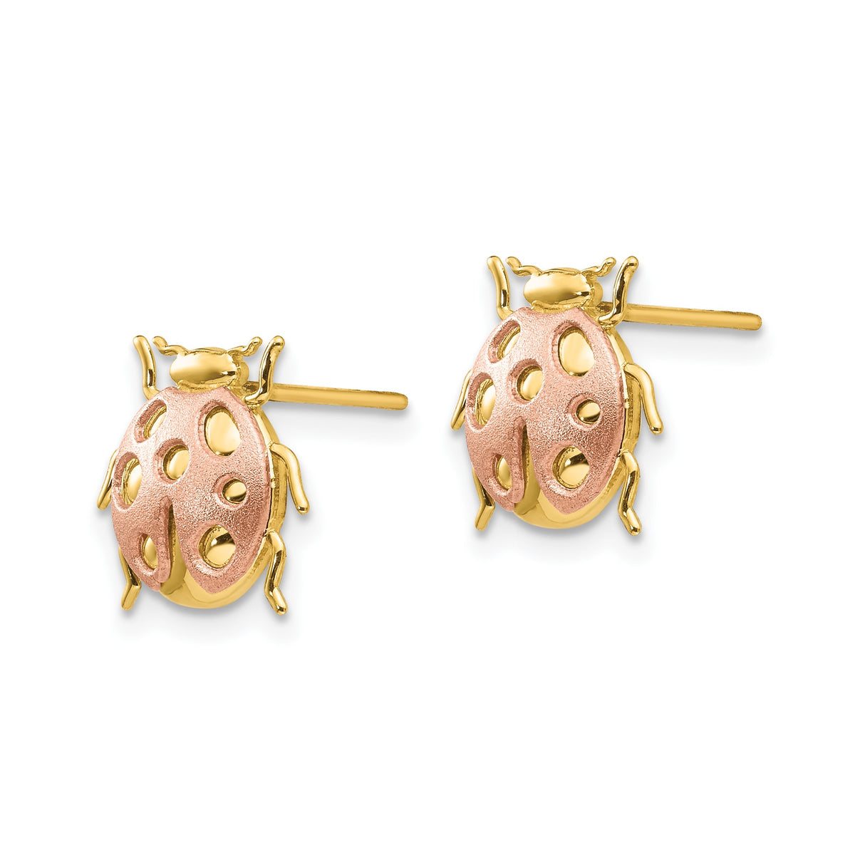 14k Yellow Gold Ladybug Stud Earrings, Two-Tone Rose Gold Insect Design for Women or Girls
