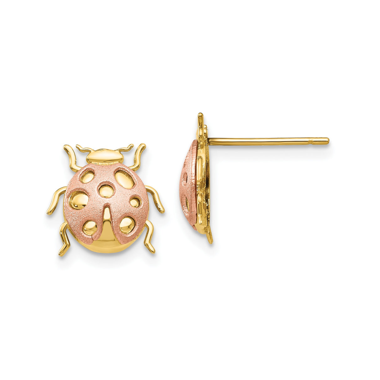 14k Yellow Gold Ladybug Stud Earrings, Two-Tone Rose Gold Insect Design for Women or Girls