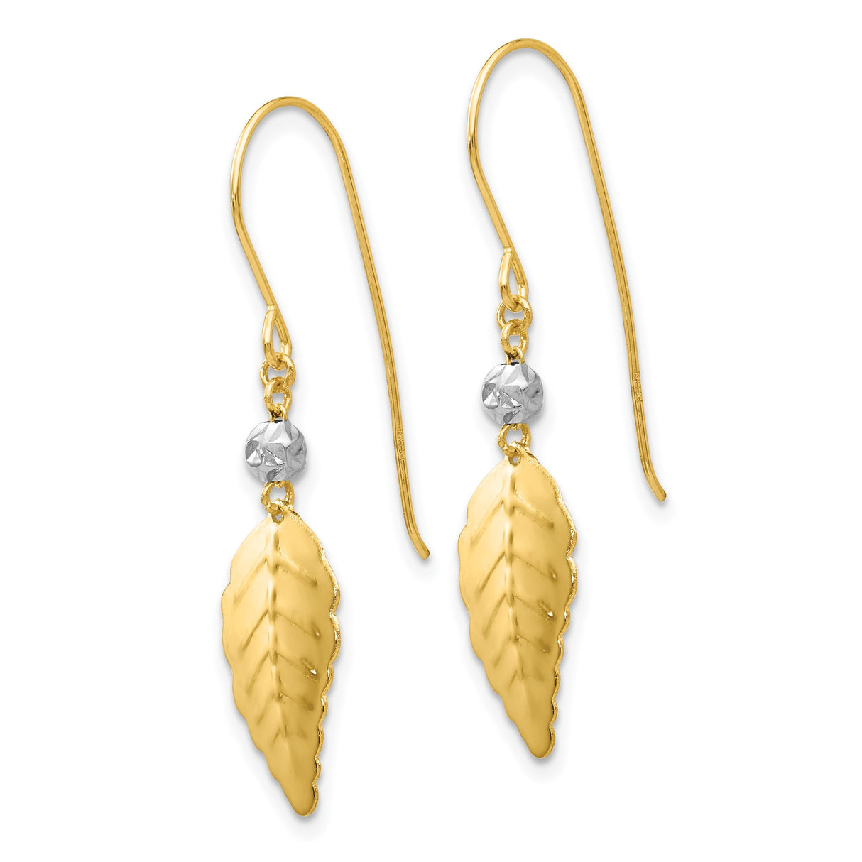 14k Two-Tone Gold Dangle Earrings with Leaf Design and Faceted Bead, Botanical Style