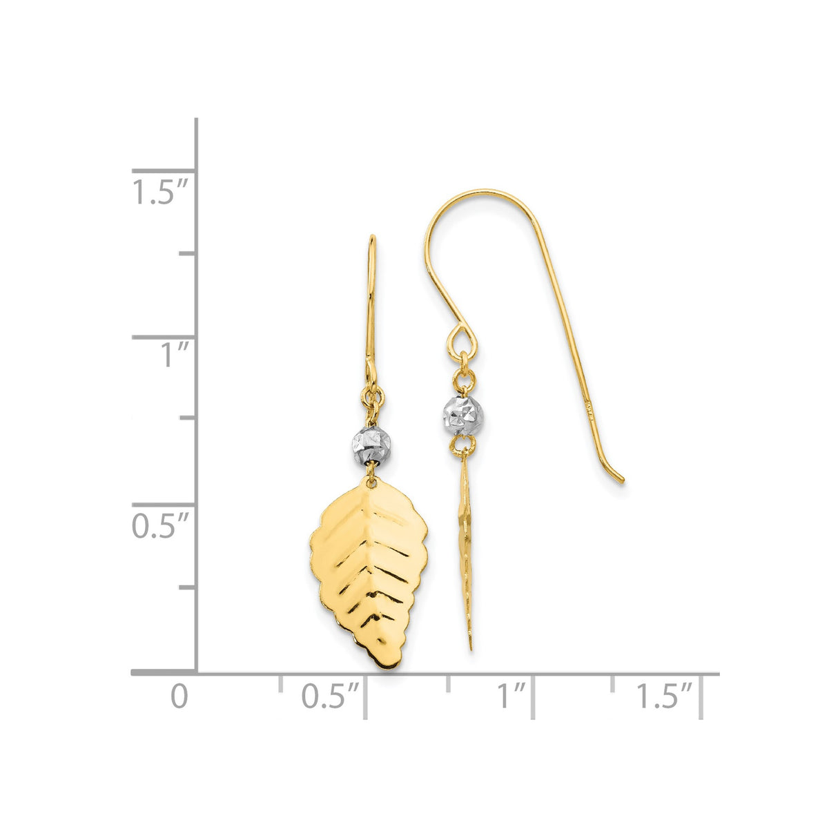 14k Two-Tone Gold Dangle Earrings with Leaf Design and Faceted Bead, Botanical Style