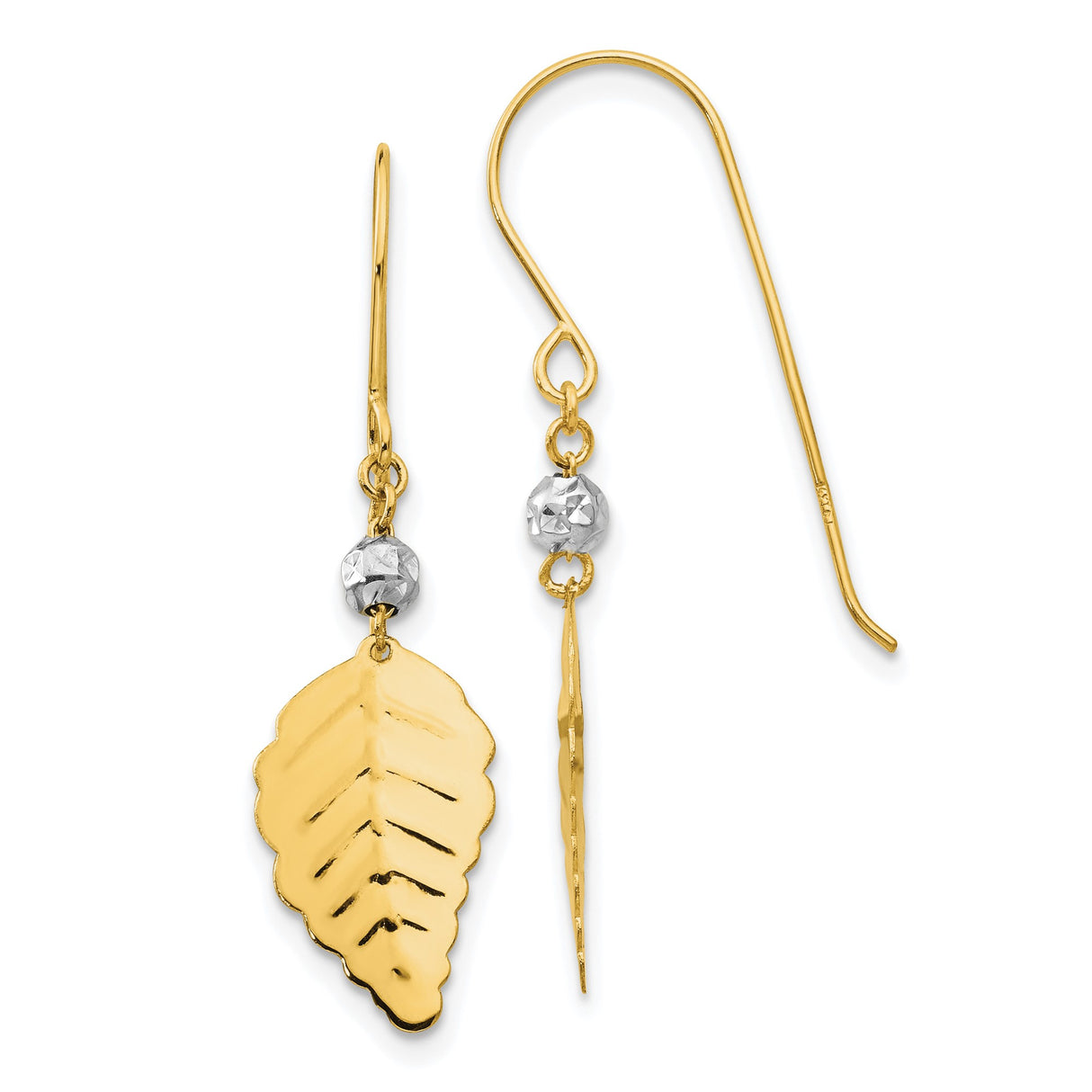 14k Two-Tone Gold Dangle Earrings with Leaf Design and Faceted Bead, Botanical Style