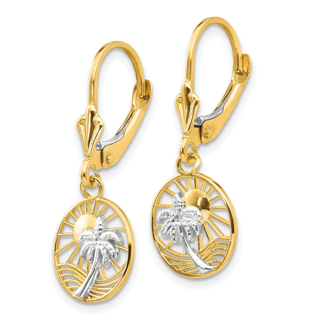 14k Yellow Gold Dangle Earrings with Palm Tree, Rising Sun and Ocean Wave Design