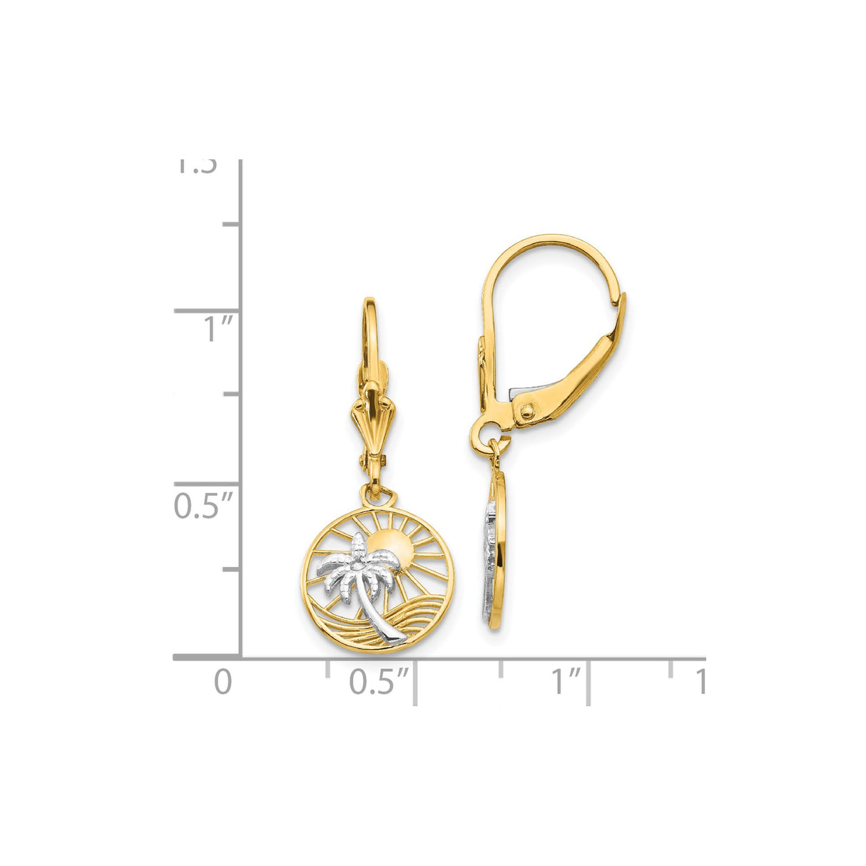 14k Yellow Gold Dangle Earrings with Palm Tree, Rising Sun and Ocean Wave Design