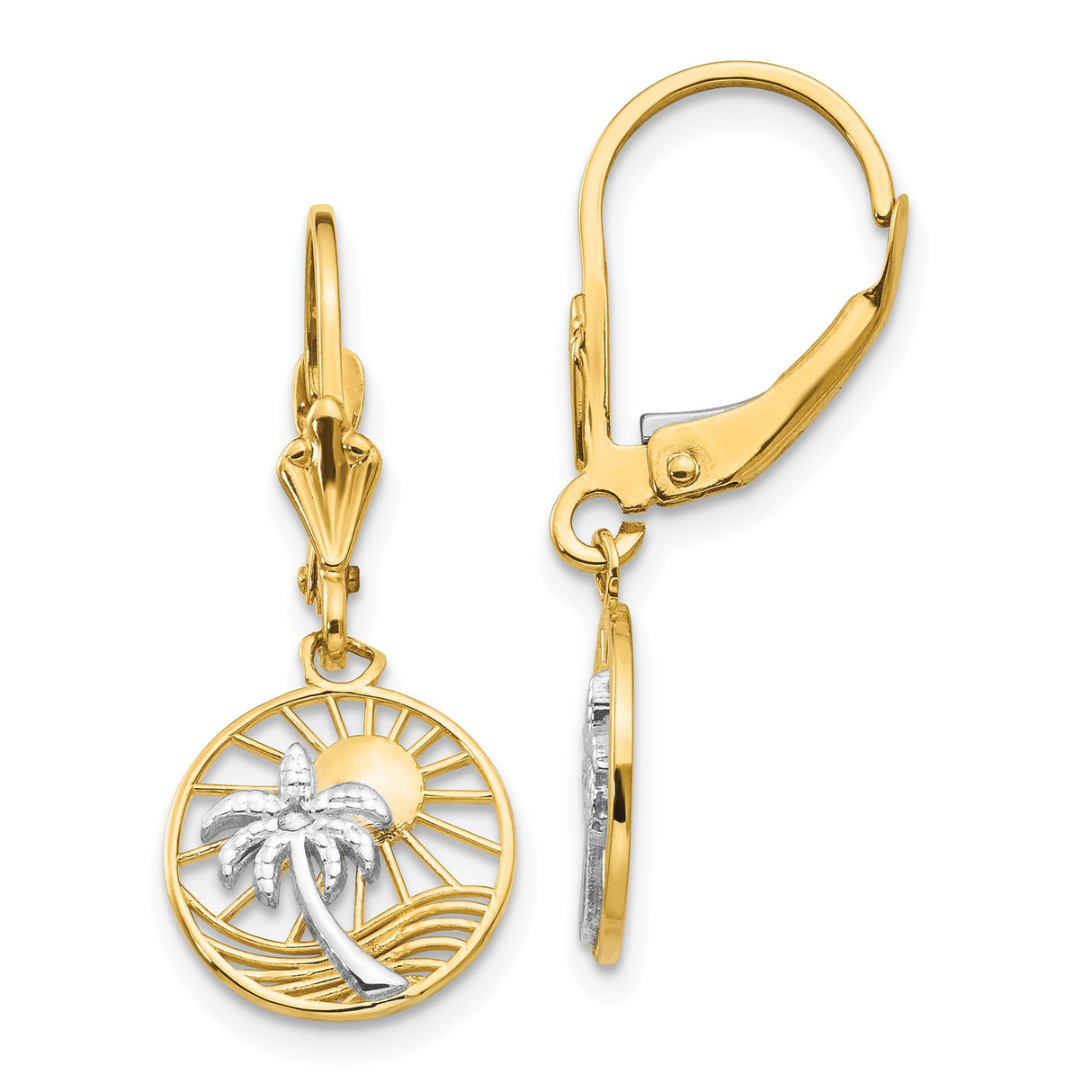 14k Yellow Gold Dangle Earrings with Palm Tree, Rising Sun and Ocean Wave Design