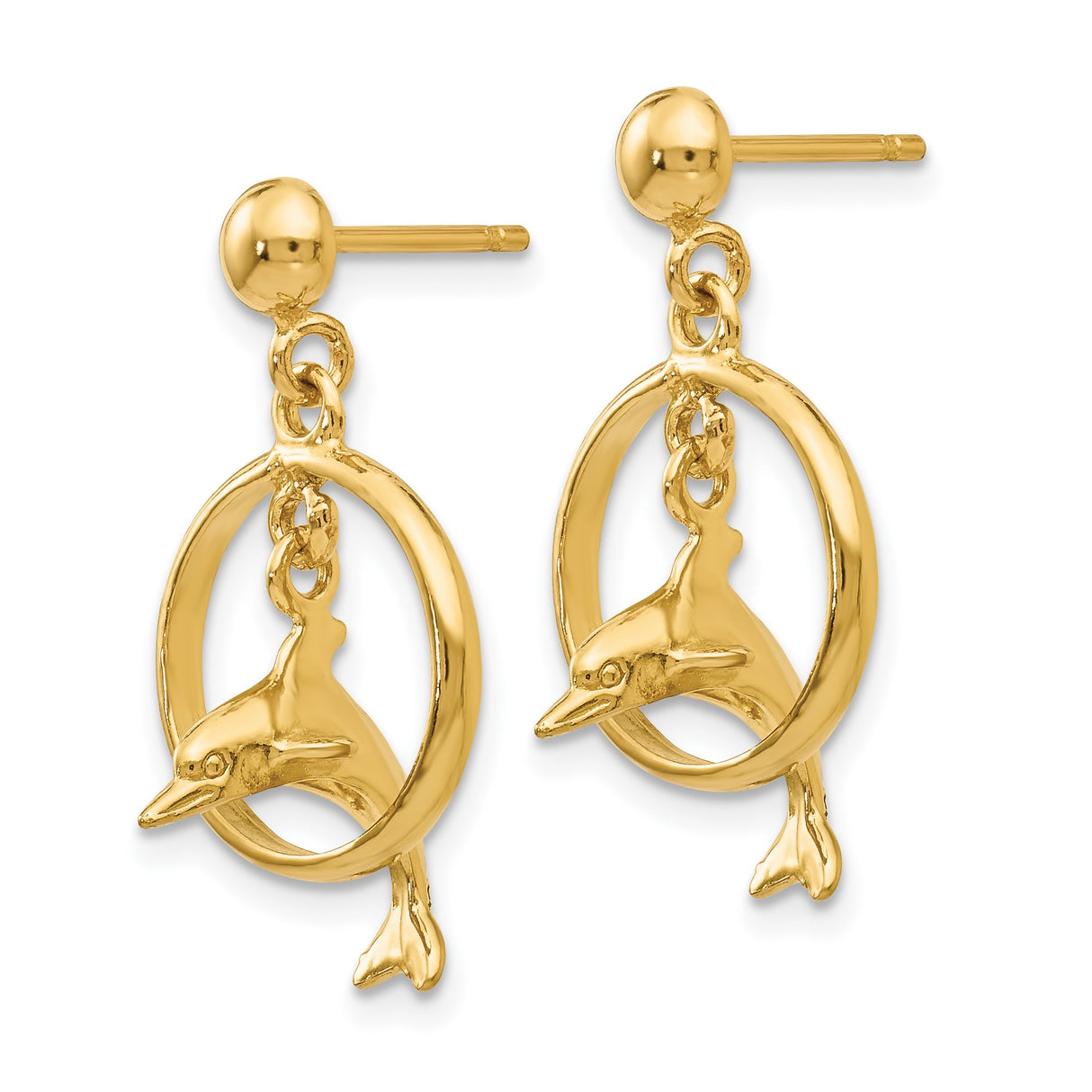 14k Yellow Gold Dolphin Dangle Earrings with Jumping Dolphin Hoop Design