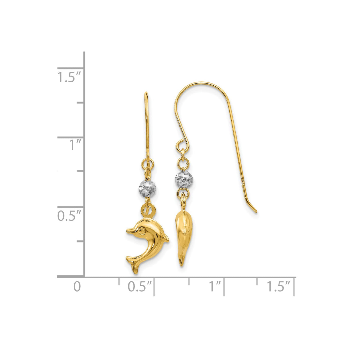 14k Yellow Gold Dolphin Dangle Earrings with White Gold Bead, Ocean Inspired Coastal Style