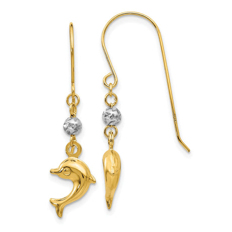 14k Yellow Gold Dolphin Dangle Earrings with White Gold Bead, Ocean Inspired Coastal Style