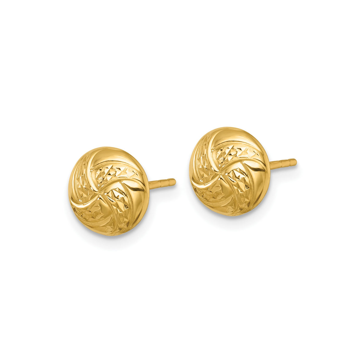 14k Yellow Gold Stud Earrings, Round Button Style with Swirl Engraving and Diamond-Cut Pattern