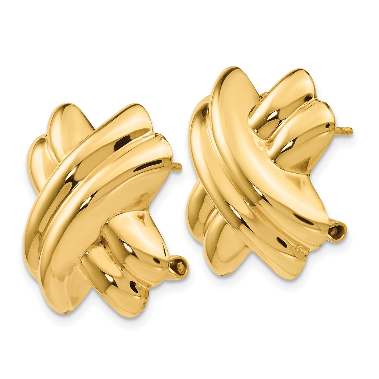 14k Yellow Gold Puffed X Stud Earrings, Crisscross Design, Polished Finish, Modern Style for Women