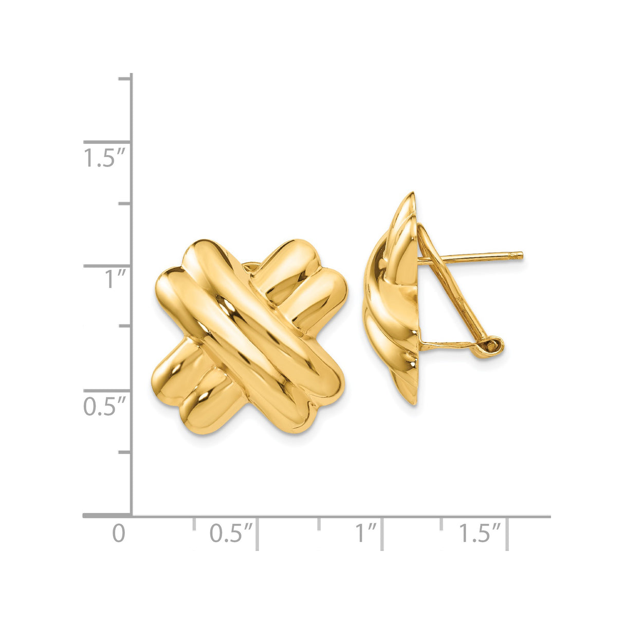 14k Yellow Gold Puffed X Stud Earrings, Crisscross Design, Polished Finish, Modern Style for Women