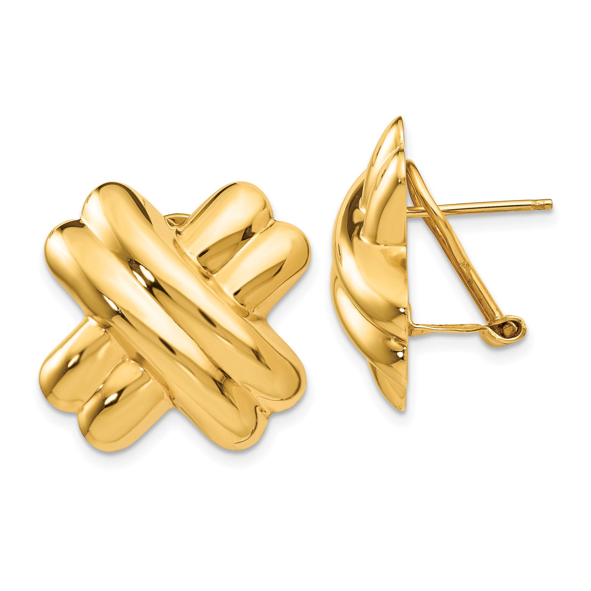 14k Yellow Gold Puffed X Stud Earrings, Crisscross Design, Polished Finish, Modern Style for Women