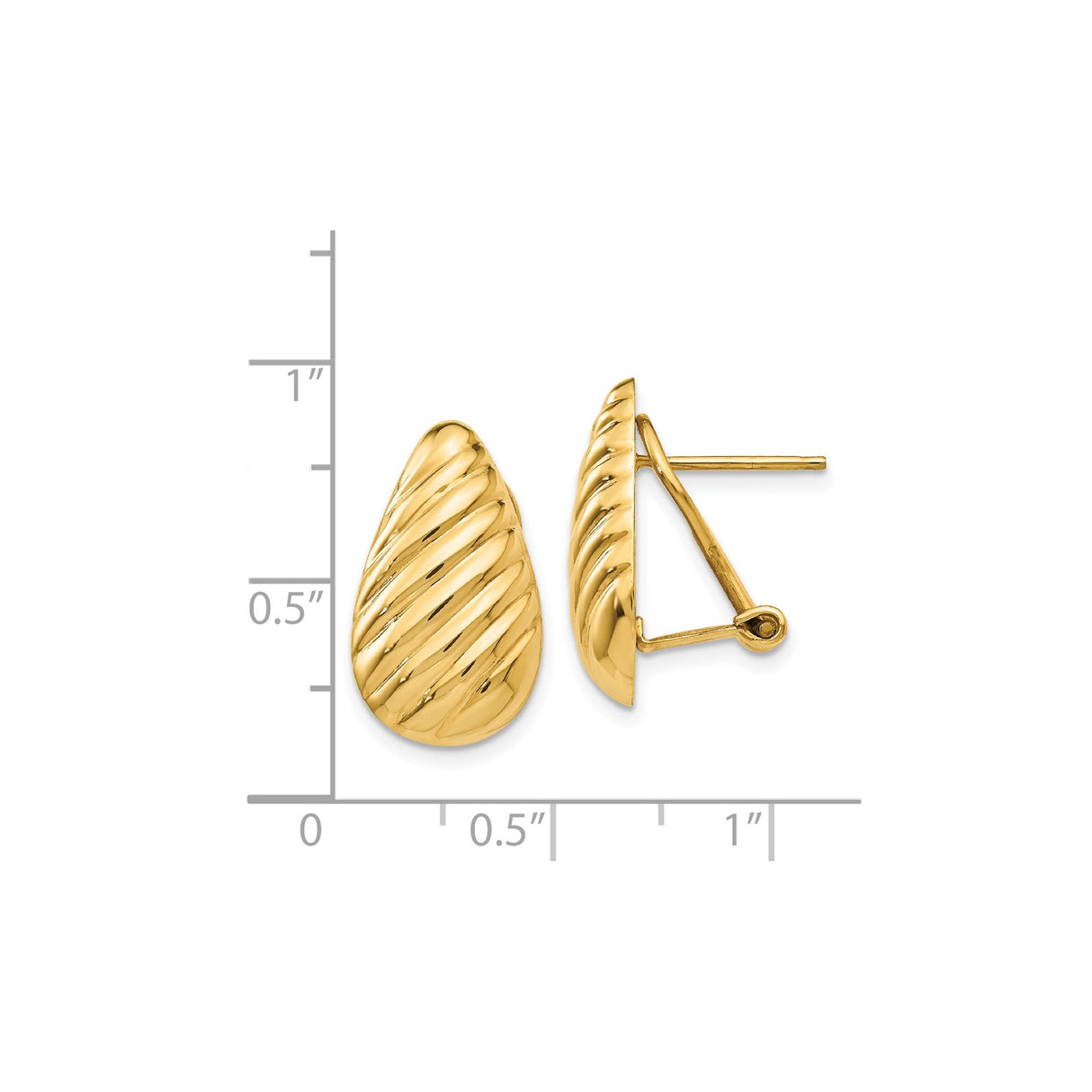 14k Yellow Gold Teardrop Earrings with Polished Diagonal Ribbed Design, Clip Back, Non-Pierced