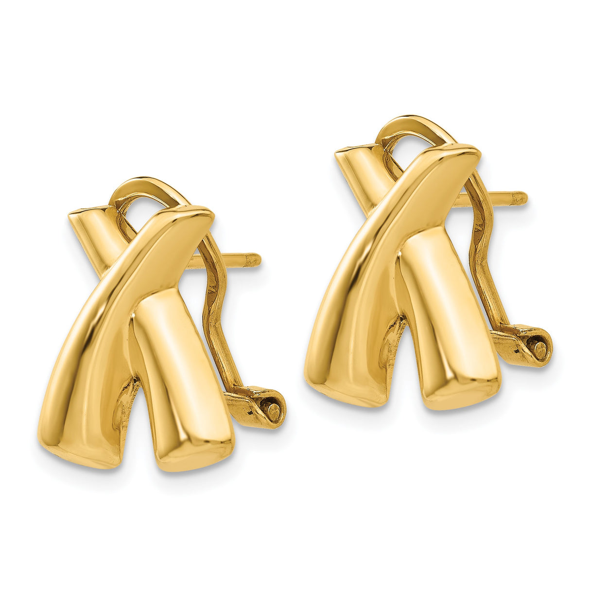 14k Yellow Gold X Shaped Earrings, Polished Crossover Studs with Omega Back Closure