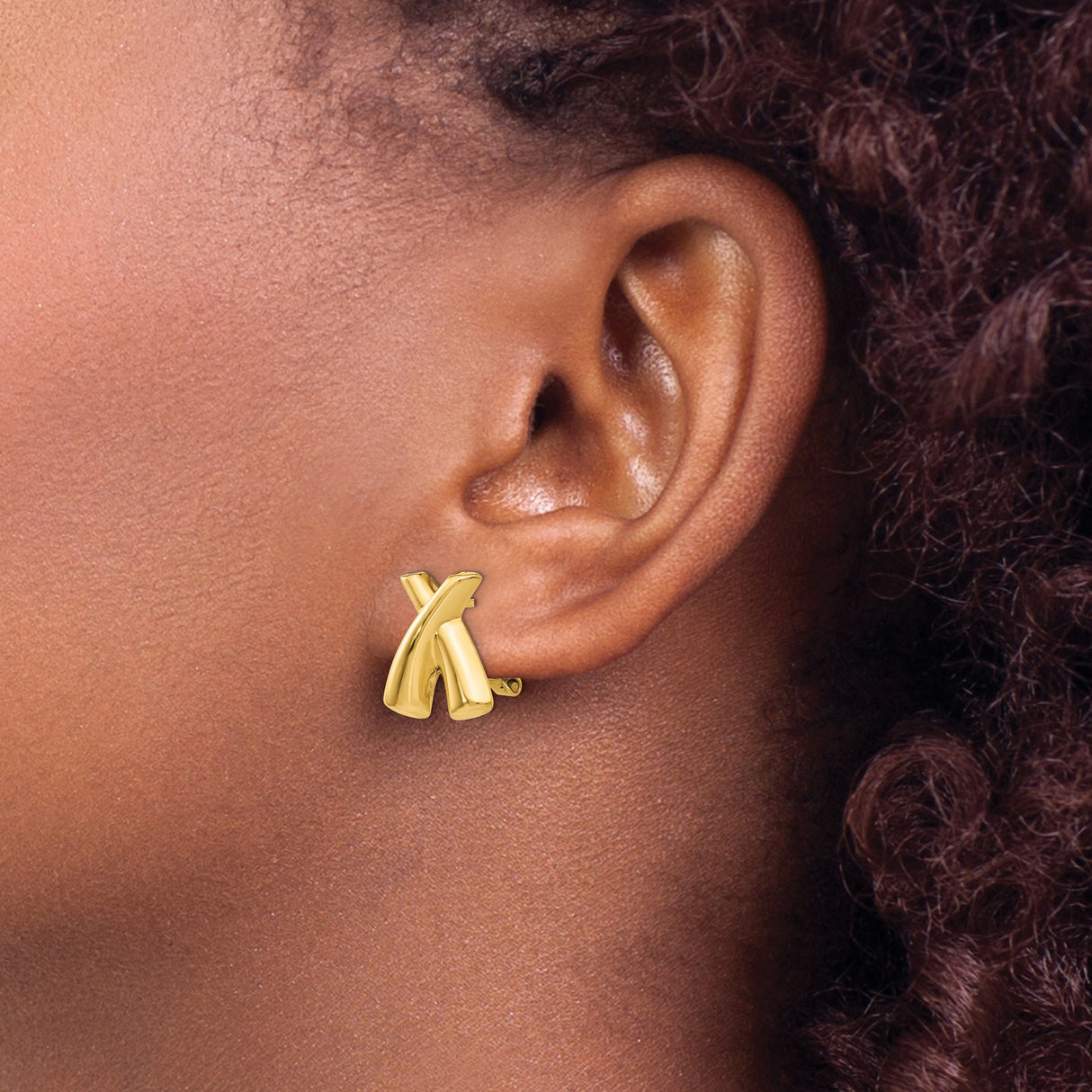14k Yellow Gold X Shaped Earrings, Polished Crossover Studs with Omega Back Closure