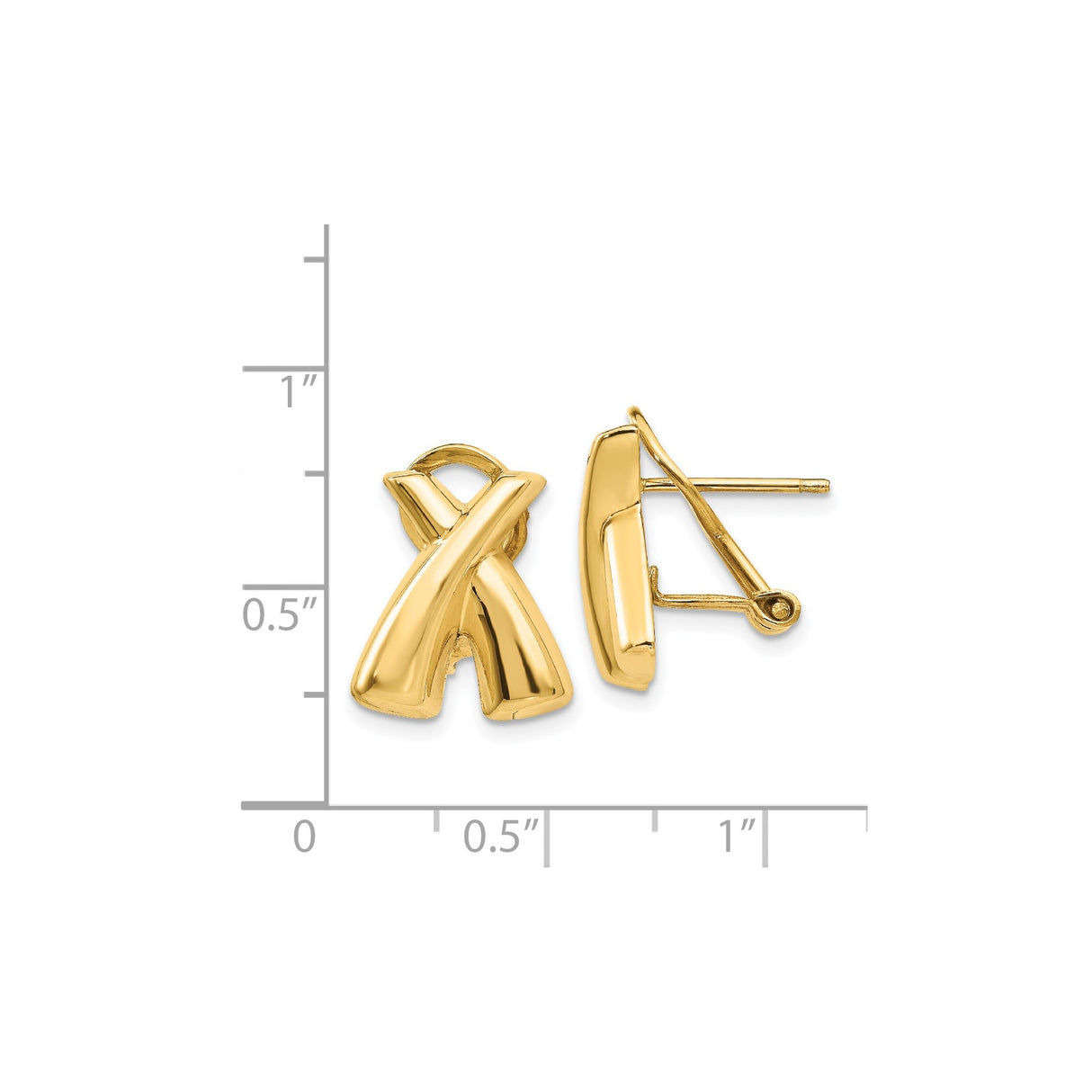 14k Yellow Gold X Shaped Earrings, Polished Crossover Studs with Omega Back Closure