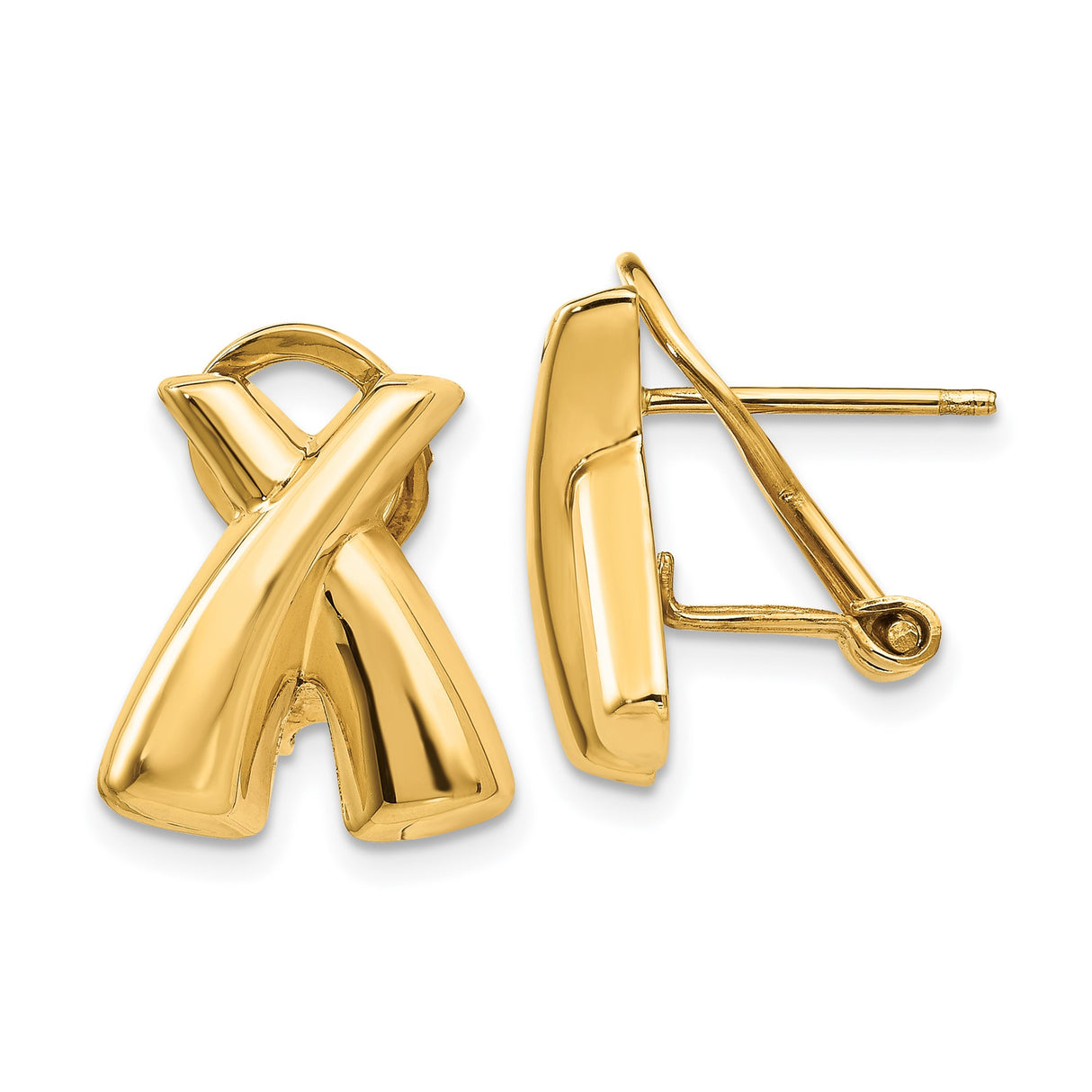 14k Yellow Gold X Shaped Earrings, Polished Crossover Studs with Omega Back Closure
