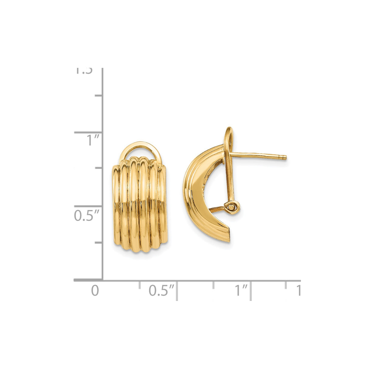 14k Yellow Gold Hoop Earrings, Ribbed Textured Design with Hinged Closure for Women