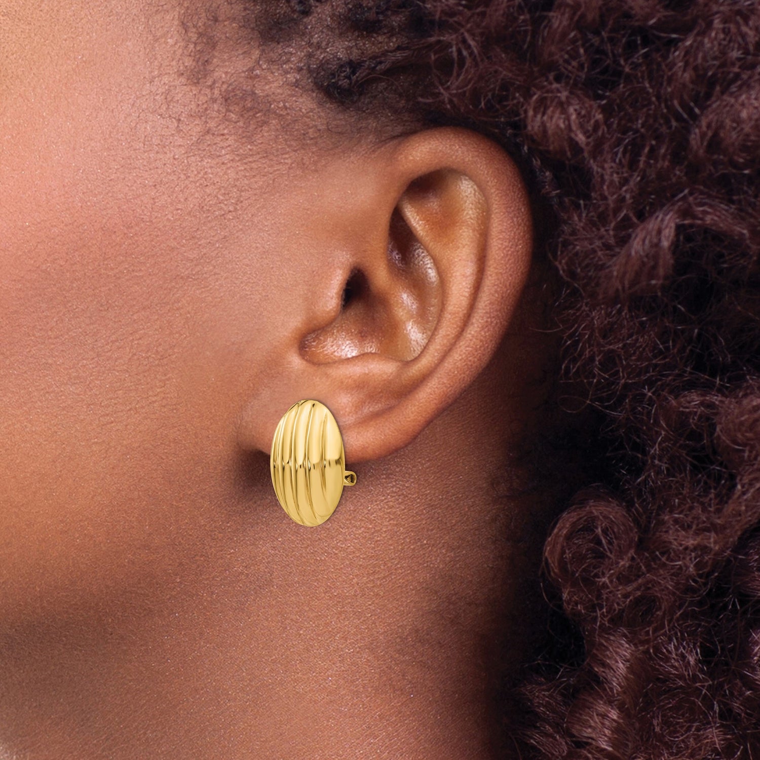 14k Yellow Gold Clip-On Earrings, Polished Ribbed Oval Dome Design, Vintage Inspired
