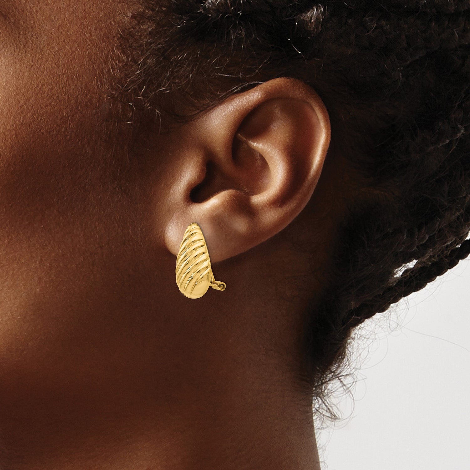 14k Yellow Gold Clip-On Teardrop Earrings with Ribbed Diagonal Design, High-Polish Finish