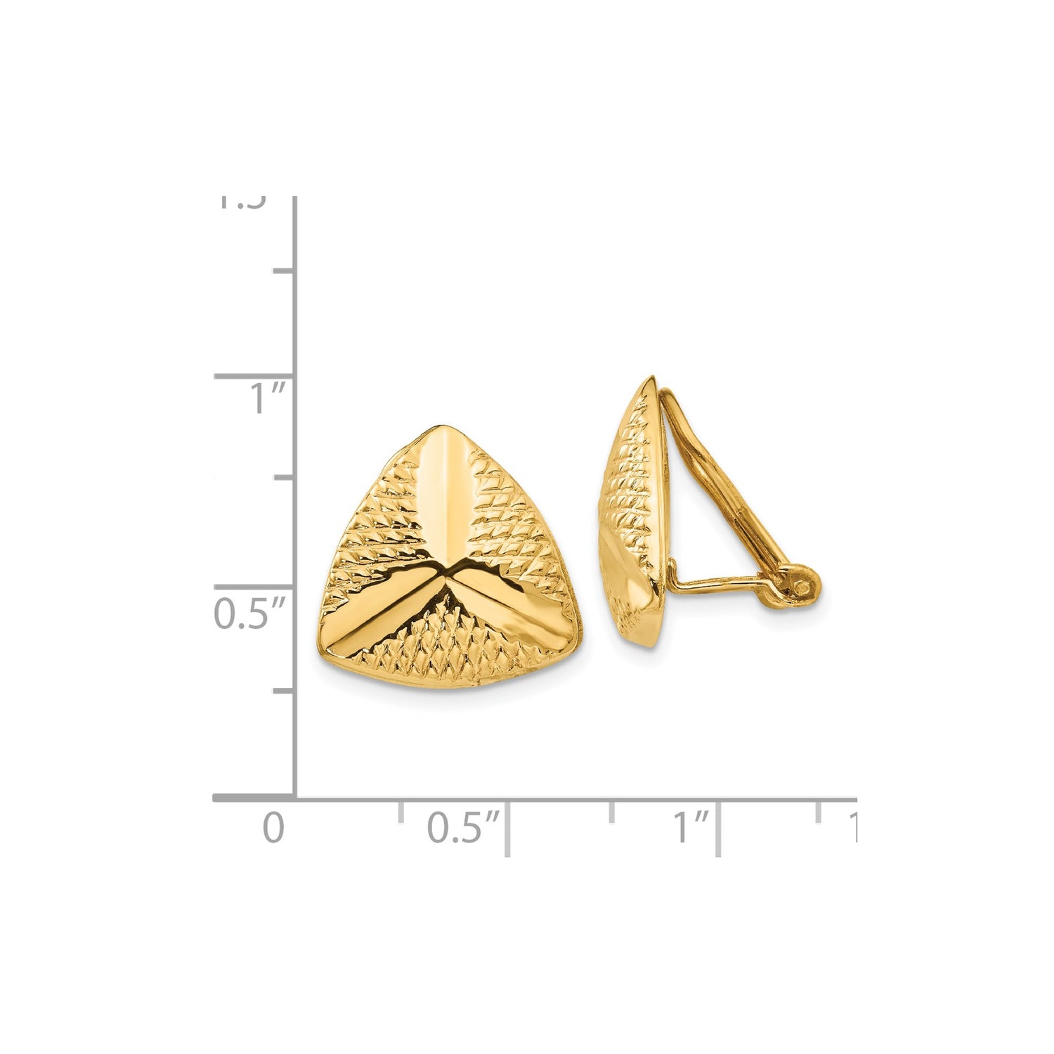 14k Yellow Gold Clip-On Earrings, Bold Textured Triangle Design with Diamond-Cut Detailing