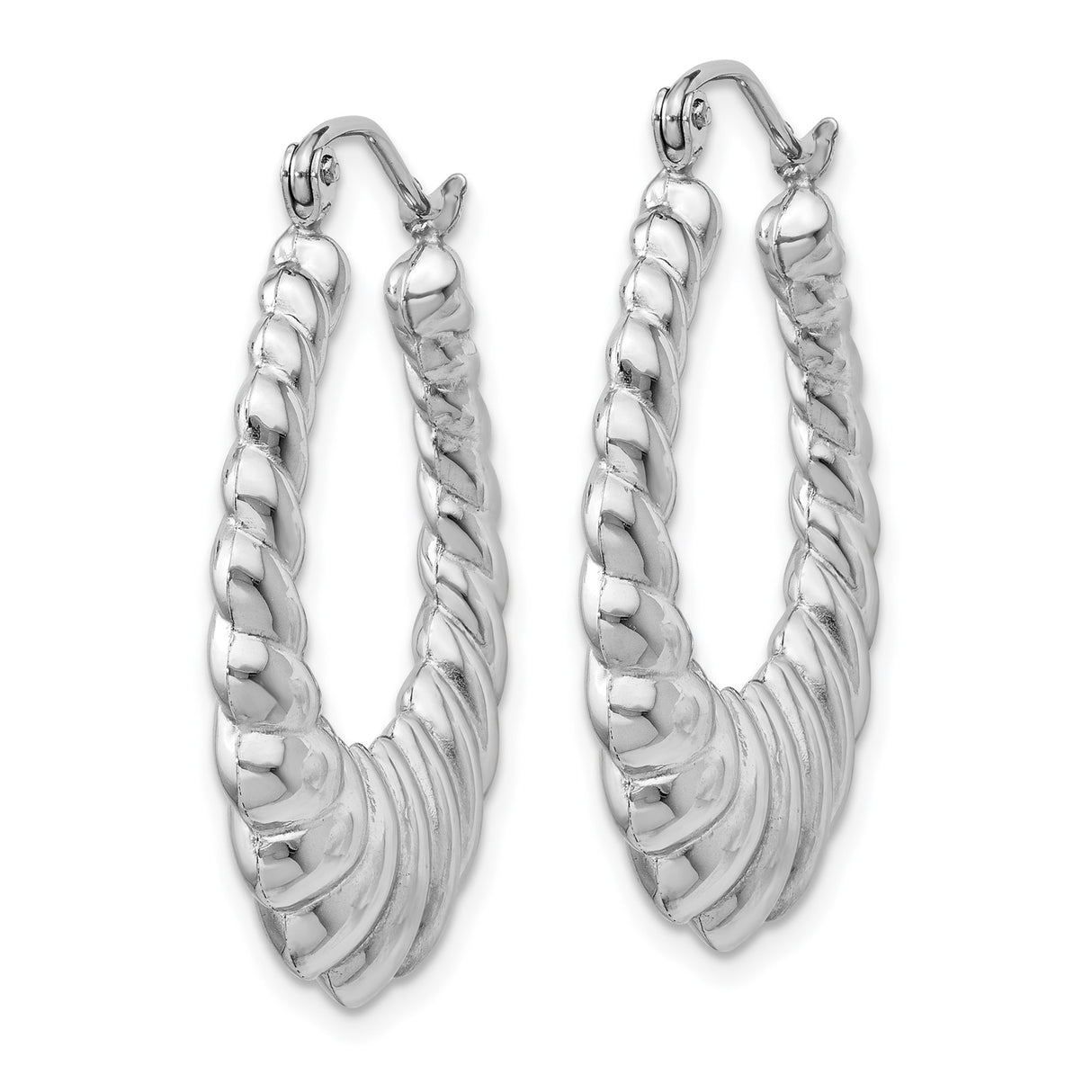 14k White Gold Hoop Earrings, Twisted Ribbed Bold Design, High Polish Finish for Women