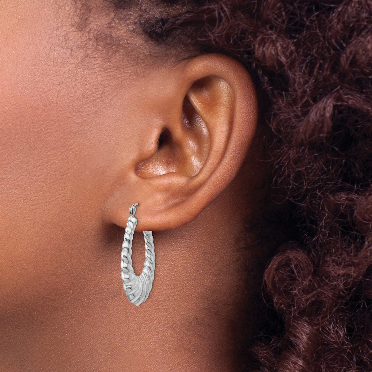 14k White Gold Hoop Earrings, Twisted Ribbed Bold Design, High Polish Finish for Women