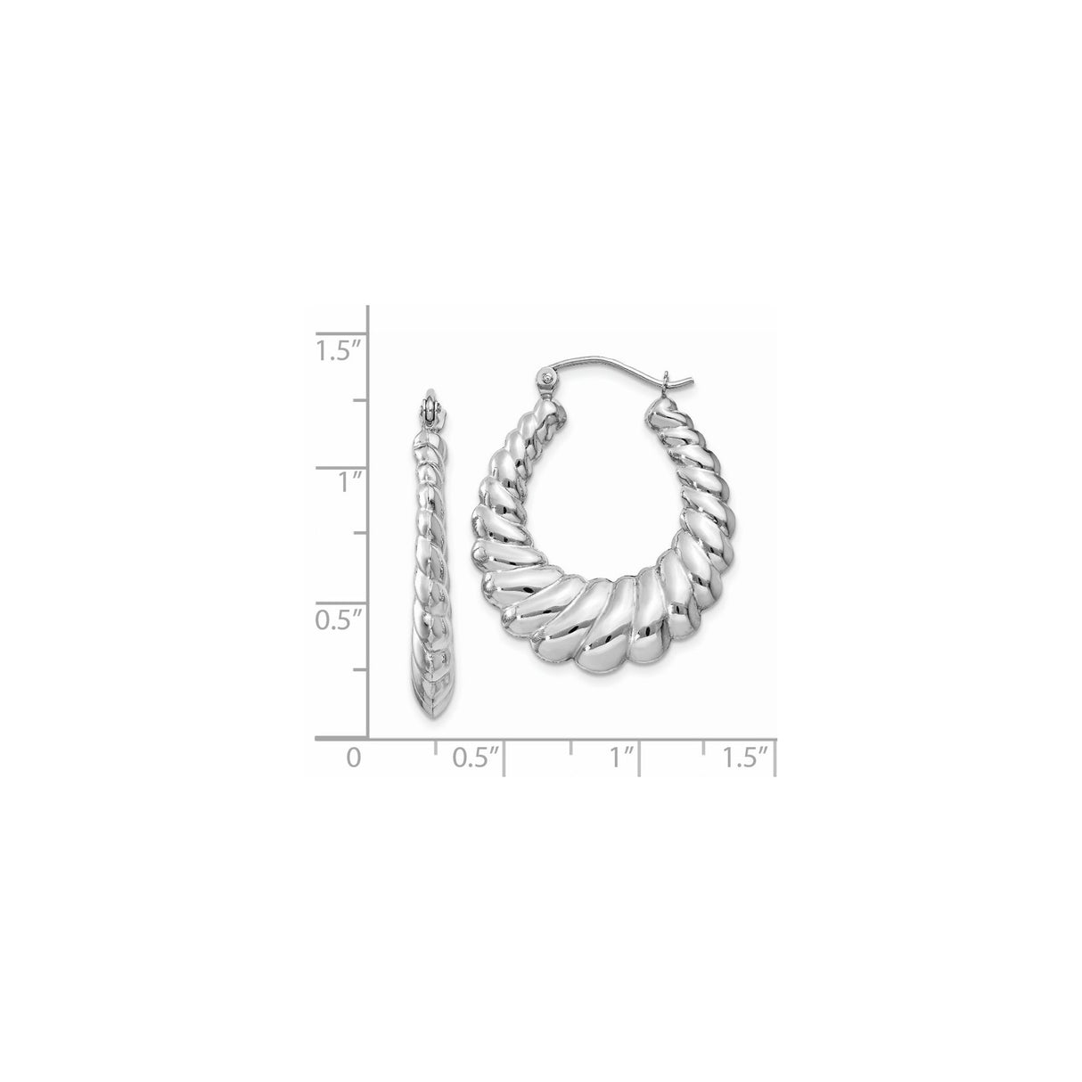 14k White Gold Hoop Earrings, Twisted Ribbed Bold Design, High Polish Finish for Women