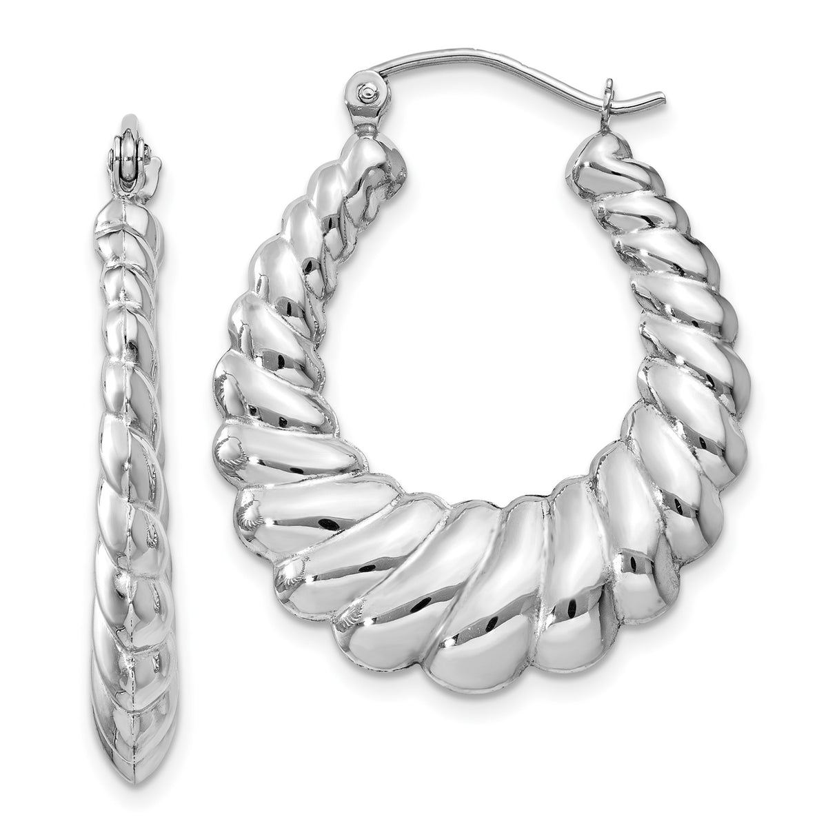 14k White Gold Hoop Earrings, Twisted Ribbed Bold Design, High Polish Finish for Women