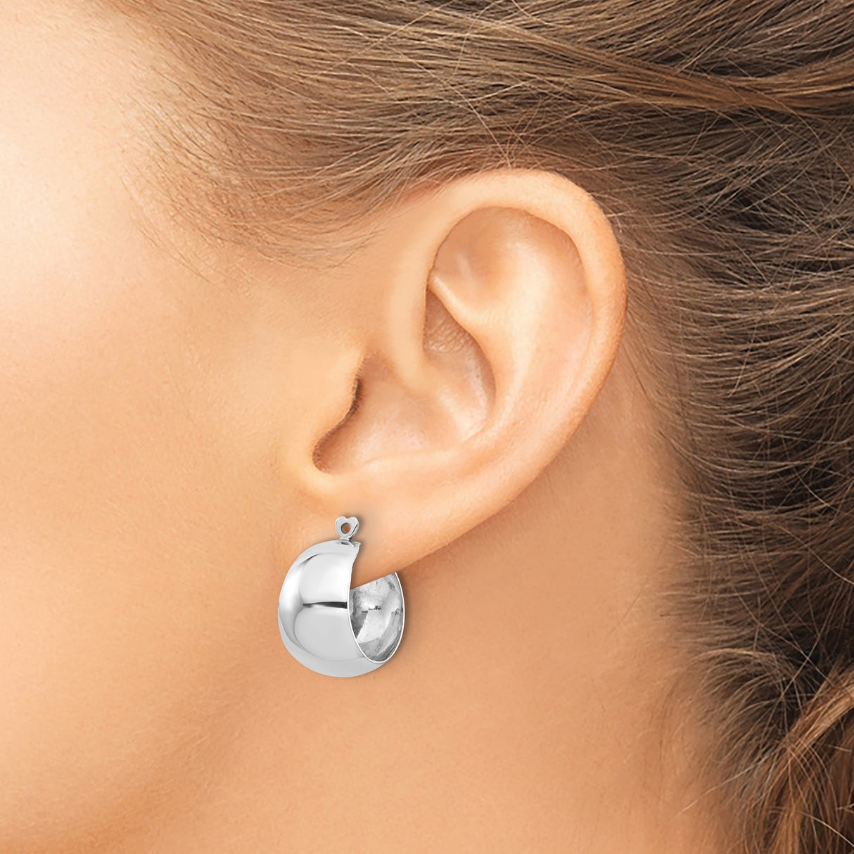 14k White Gold Hoop Earrings with Subtle Heart Detail and High-Polish Finish