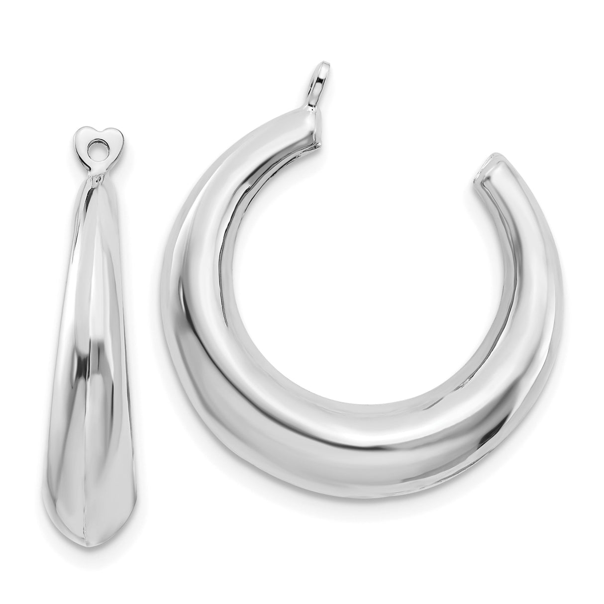 14k White Gold Hoop Earrings with Polished Tapered Design and Heart-Shaped Post Accent