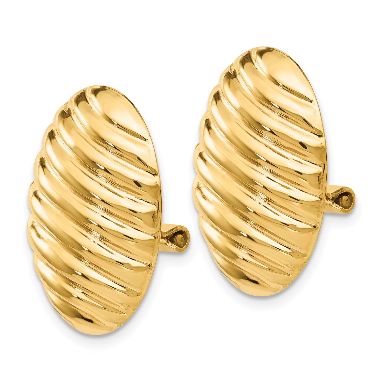 14k Yellow Gold Clip-On Oval Earrings, Ribbed Texture, High Polish, Vintage Bold Design