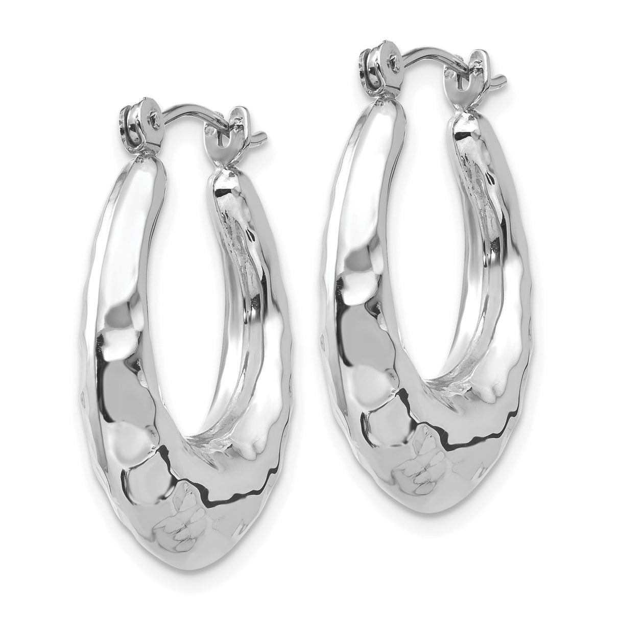 14k White Gold Hoop Earrings, Elongated Oval Hammered Design with High Polish Finish
