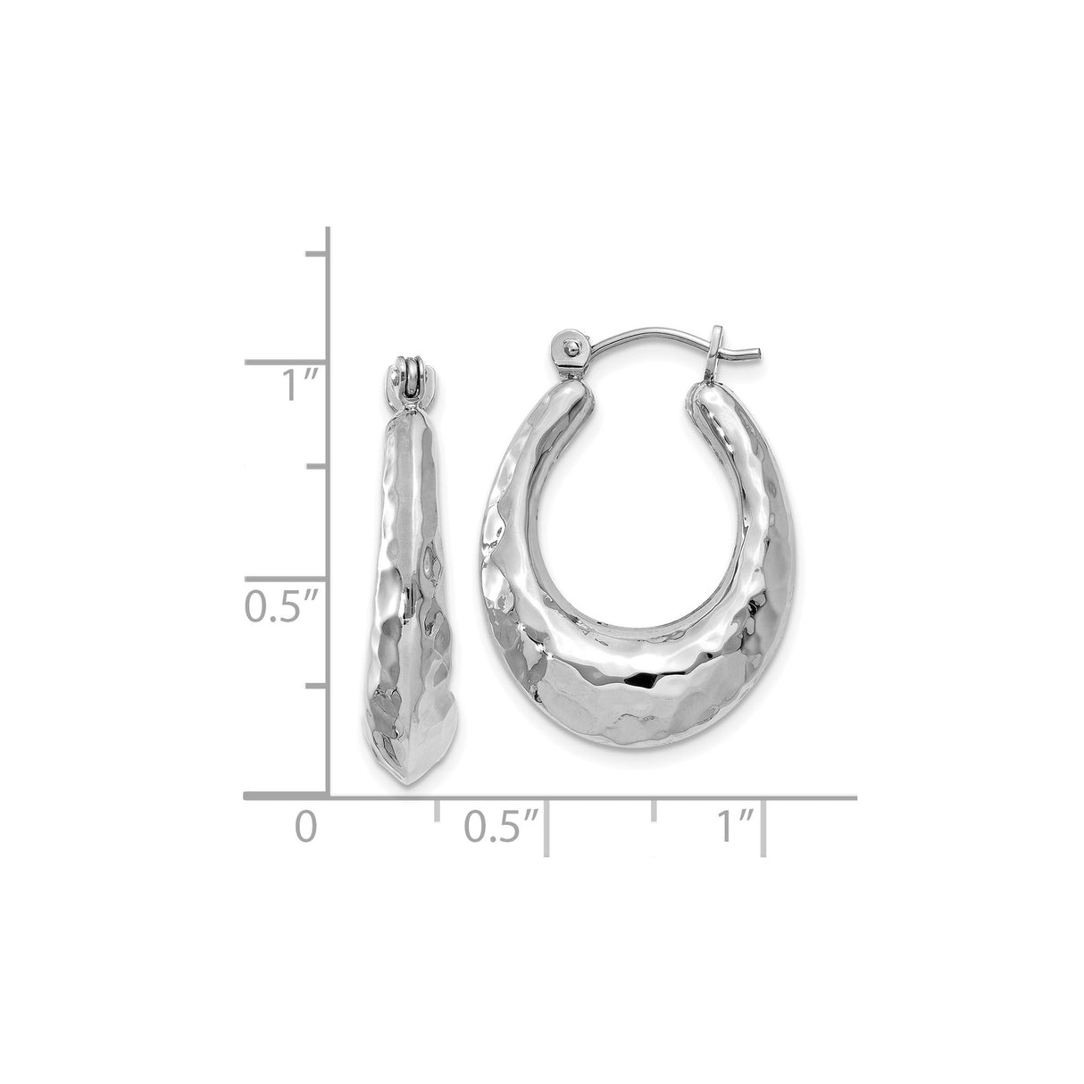 14k White Gold Hoop Earrings, Elongated Oval Hammered Design with High Polish Finish